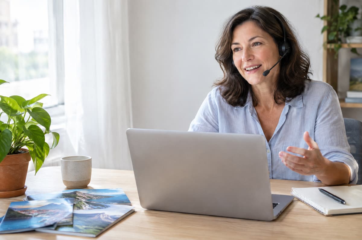 A woman wearing a telephone headset talks and gestures at a wooden desk behind an open laptop seen from the back, with travel brochures, a cup and a potted plant beside it and a bright window to the left.