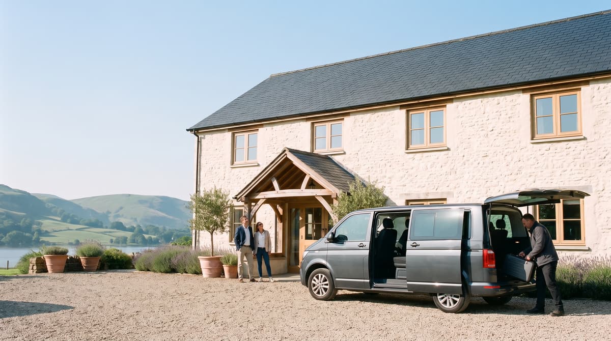 A dark grey passenger van parked on the gravel in front of a pale stone country hotel; the driver lifts a suitcase from the open rear door while a man and a woman stand by the oak entrance canopy looking up at the house.