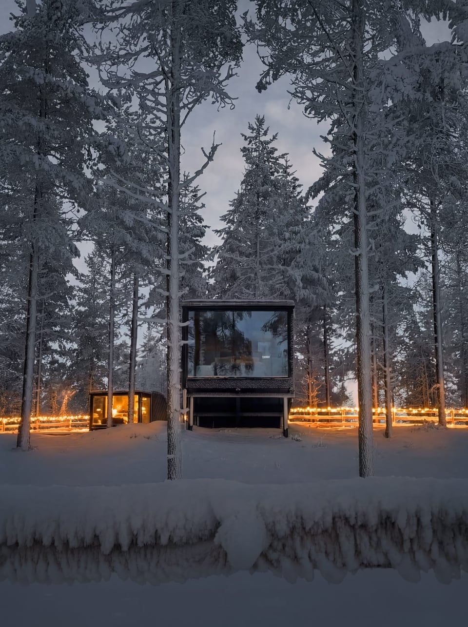 Glass-roofed rooms at Arctic Lumo Resort, lit at dusk beside a lantern-lined path through the snow.