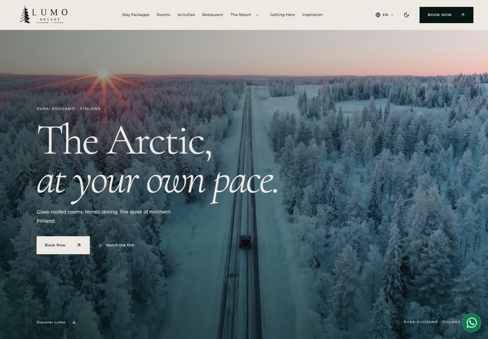 The Lumo Resort website preview: glass-roofed Arctic accommodation and clear routes to explore and book a stay.