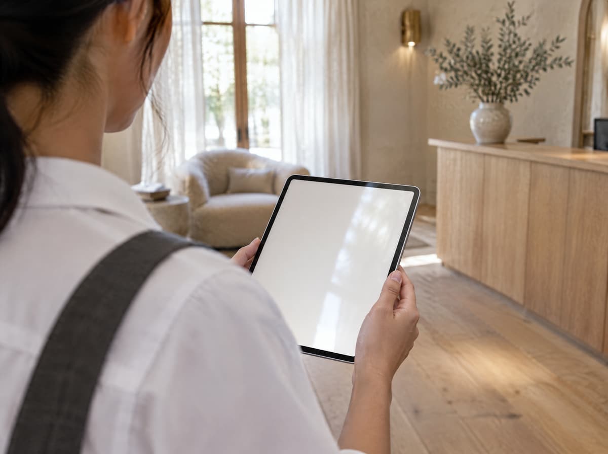 Seen over her shoulder, a receptionist in a white shirt and grey apron holds a tablet with a blank white screen in a bright hotel lobby.