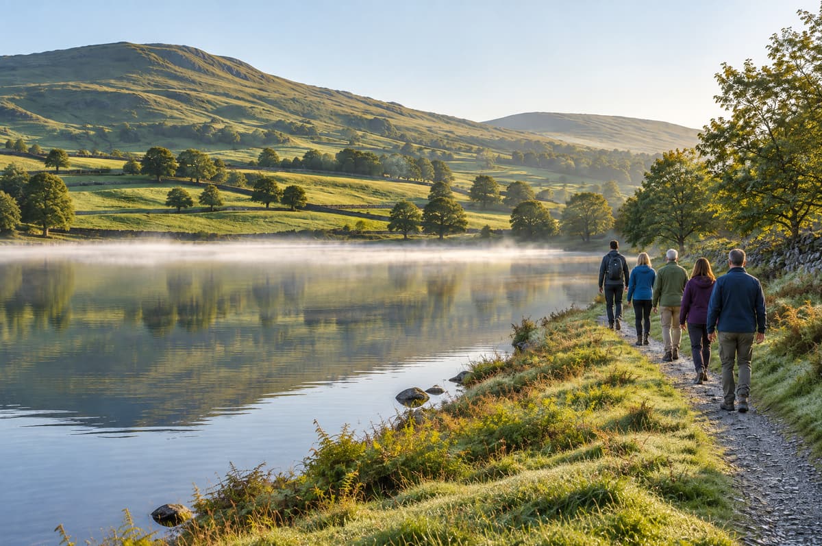 Five walkers seen from behind follow a gravel path beside a misty lake, led by a guide in a dark jacket with a rucksack, with green hills across the water.