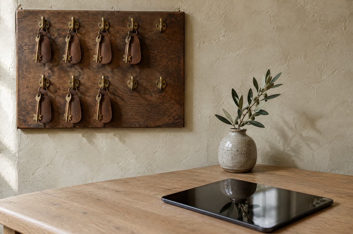 An old wooden board of brass hooks holding plain brass keys on leather fobs hangs on a plaster wall; on the oak desk below lie a dark switched-off tablet and a small vase with an olive sprig.