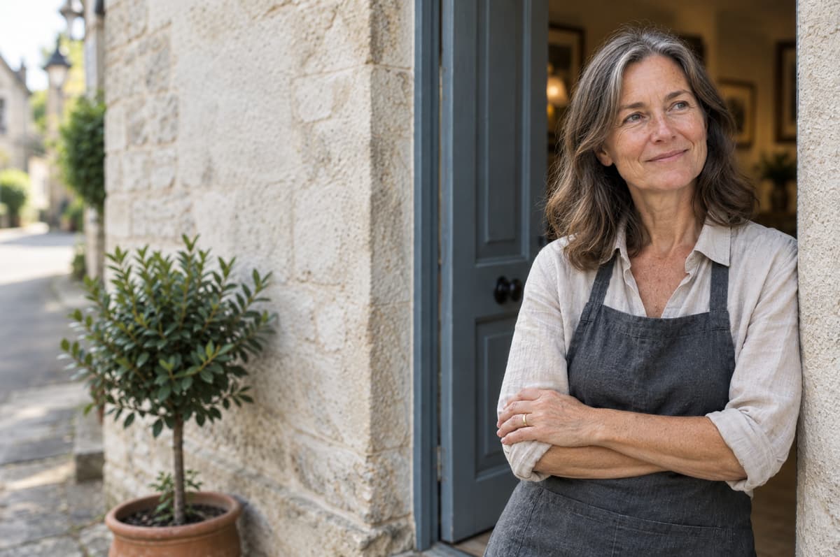 A woman in her fifties with grey-streaked hair, a linen shirt and a grey apron leans in the stone doorway of a small hotel with her arms folded, smiling slightly and looking off to one side.