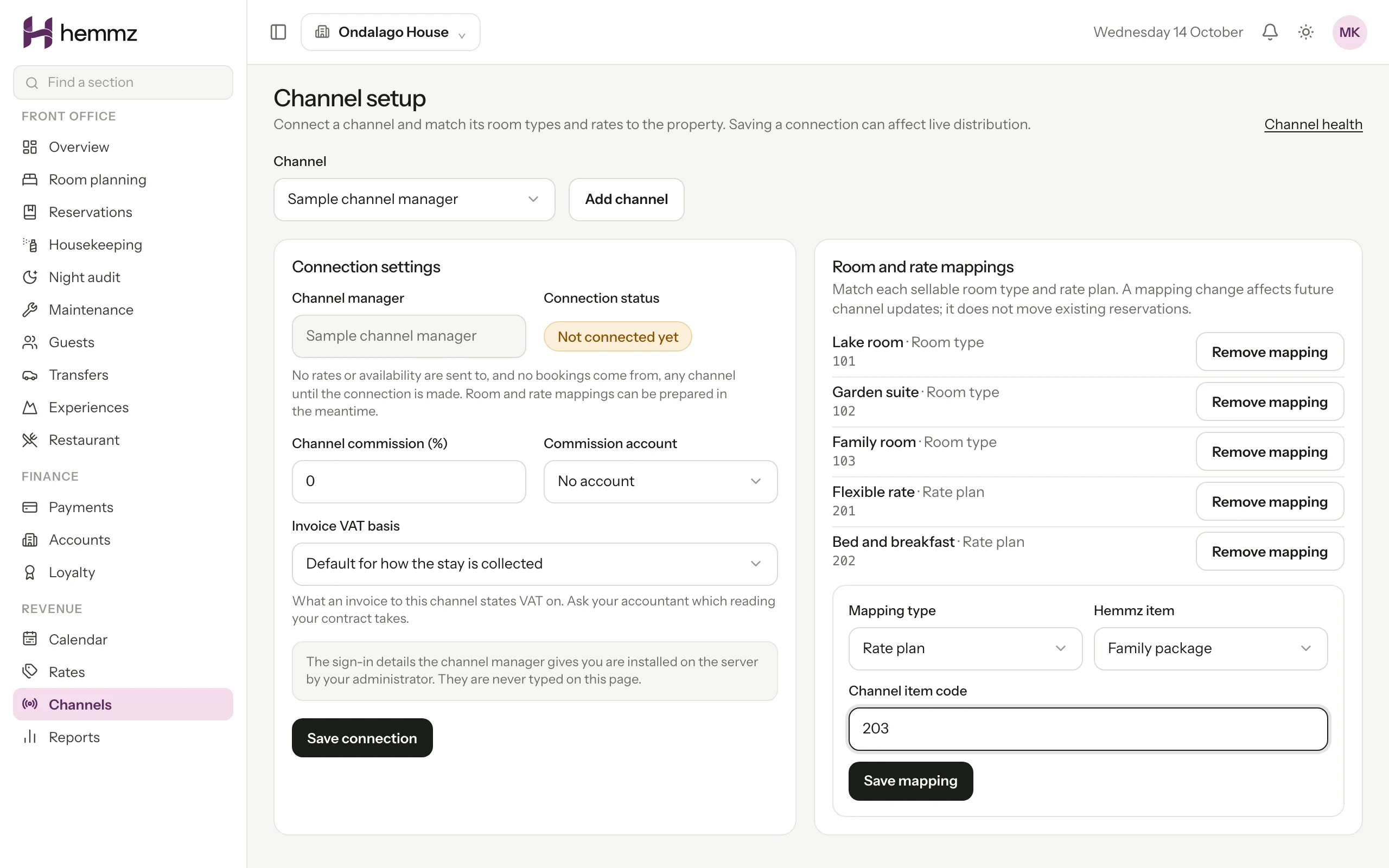 The channel setup screen in development: the channel manager, a connection status of not connected yet, and the match between the property's room types and rate plans and the channel manager's own codes. Illustration with sample data.