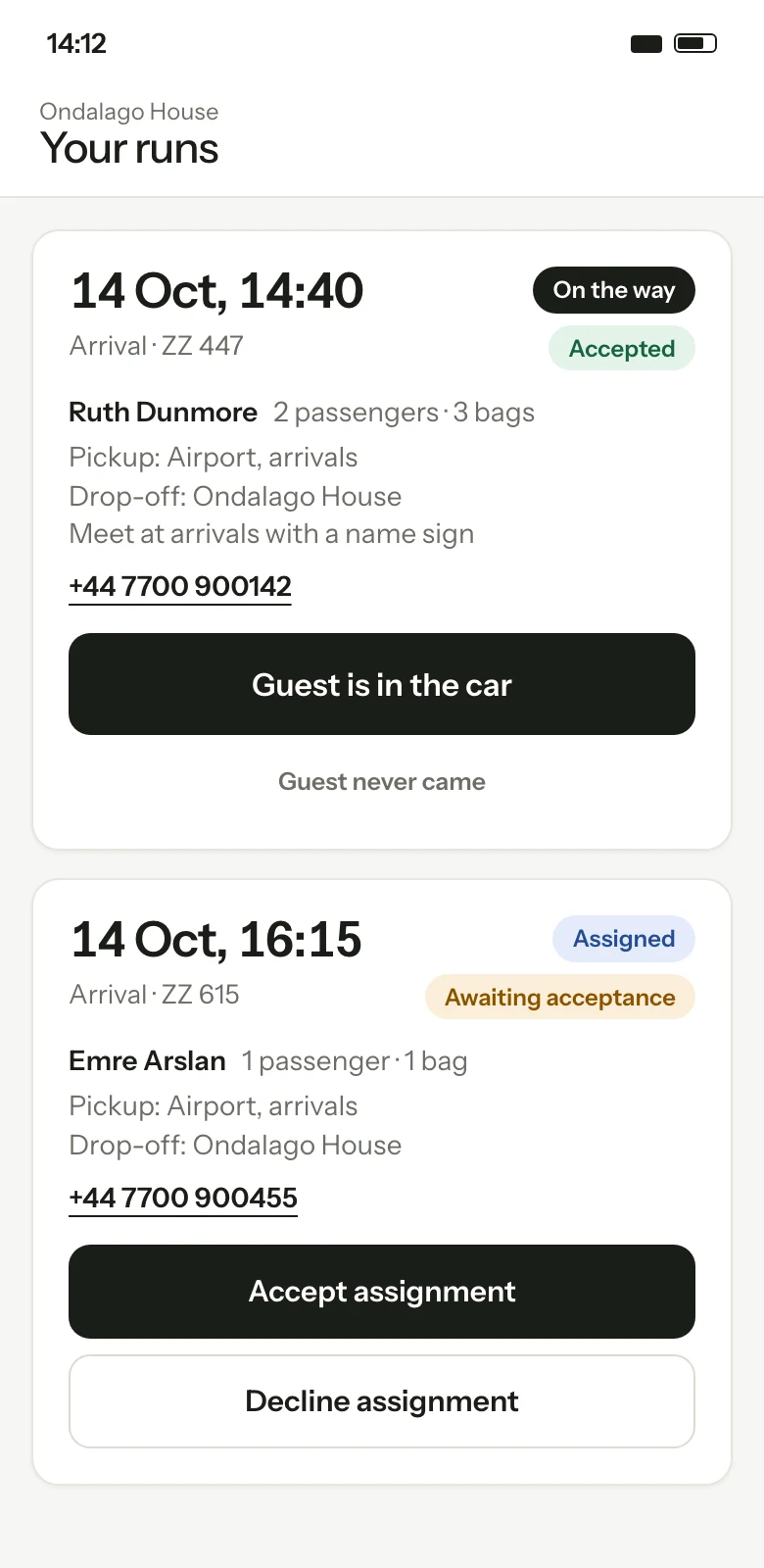 A driver's own runs on a phone: the time of each run, the guest, pickup and drop-off, the guest's phone number, and one big button for the next step or to accept a new assignment. Illustration with sample data.