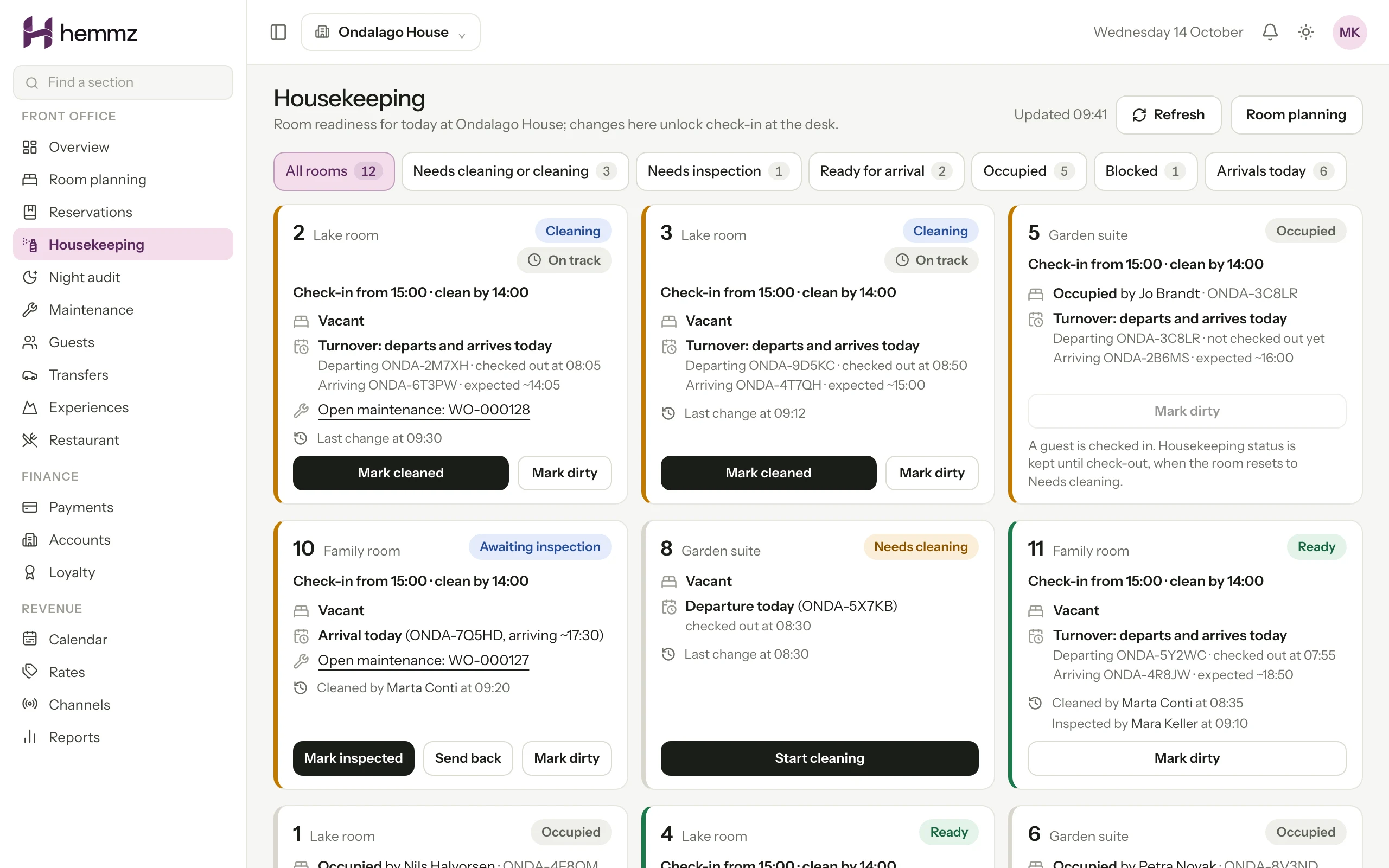 The housekeeping board: a small hotel's rooms for the day, arrivals first, each with its state (cleaning step or occupied), the time it must be clean by, who cleaned and inspected it, and the next action. Illustration with sample data.