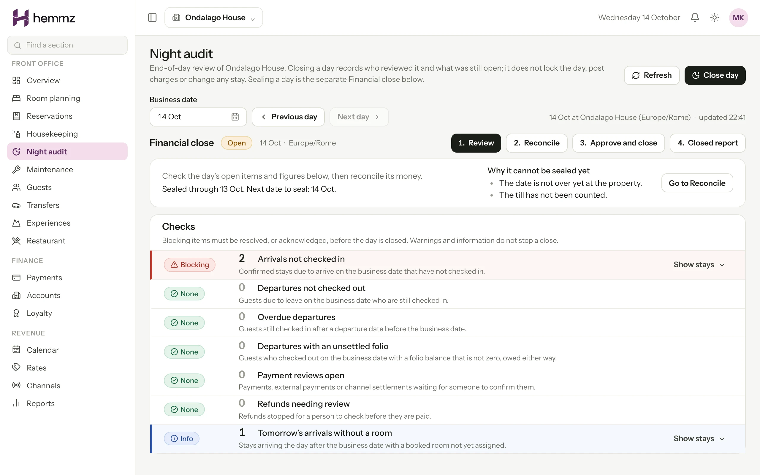 The night audit for today at the property in the evening, with the financial close still open, the checks that still have work listed before the day is closed with counts, and a Close day button that records the review and is separate from sealing the day in the financial close. Illustration with sample data.