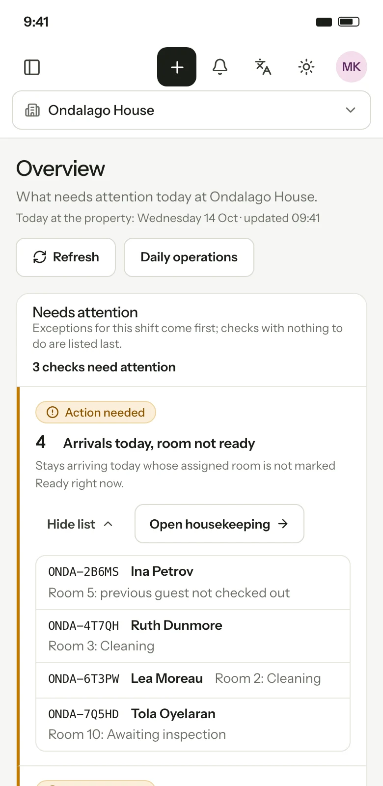 The Overview on a phone: the top bar with the property, the page title, and the checks that need attention stacked in one column with their actions. Illustration with sample data.