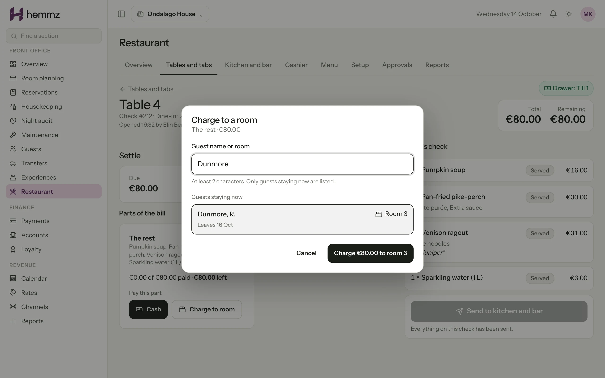 A restaurant bill being paid: the whole check of table 4, 80.00 euros, is being charged to room 3 of a guest who is staying now, found by searching her surname in a dialog. Illustration with sample data.