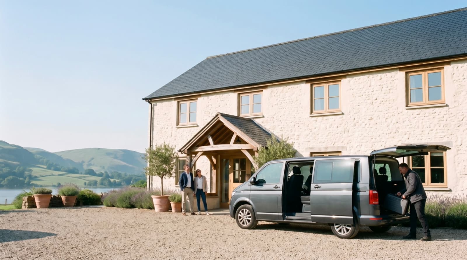 A driver unloads a suitcase from a van as guests arrive at the hotel entrance.