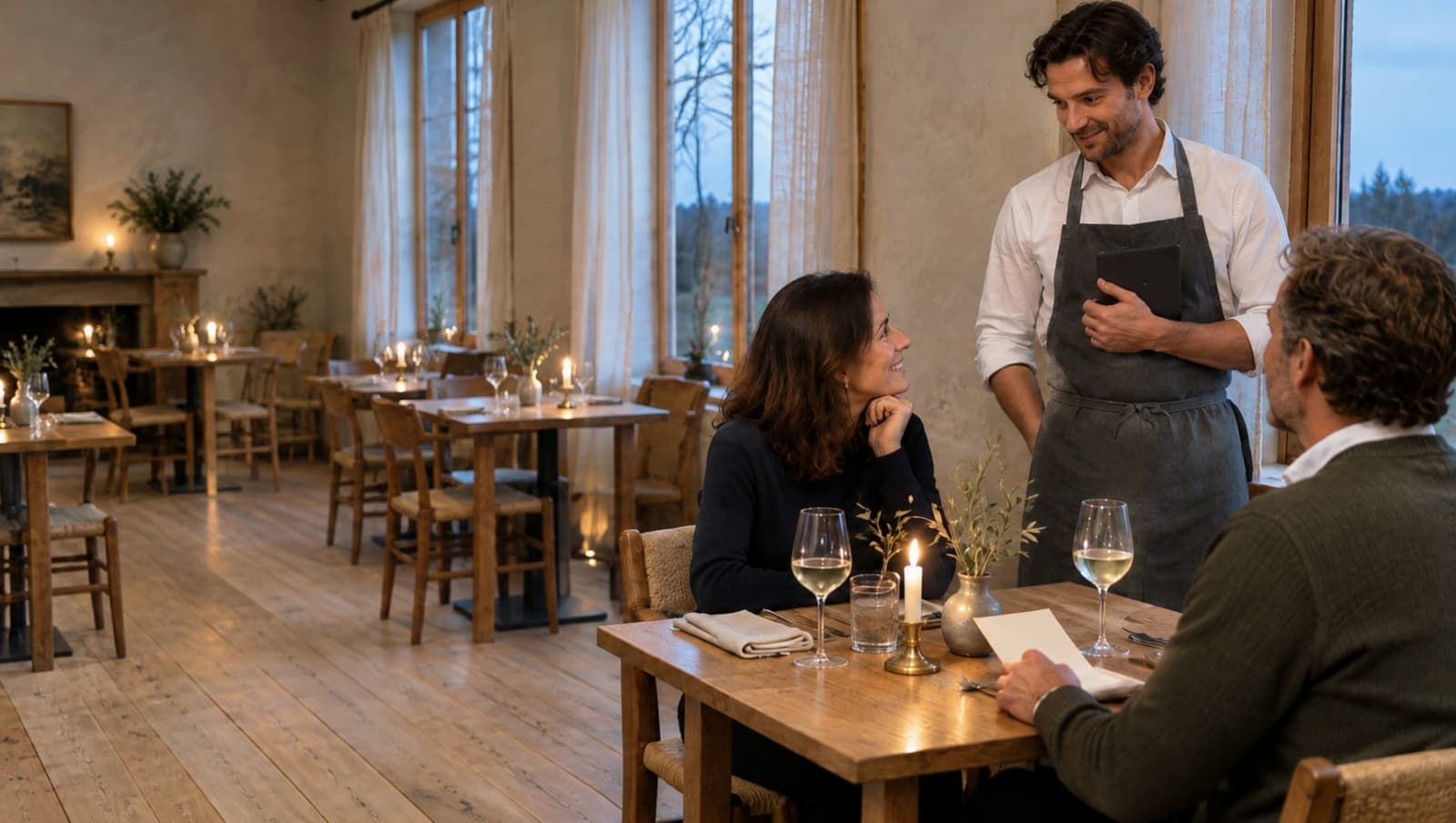 A waiter takes an order at a candlelit table in the hotel restaurant.