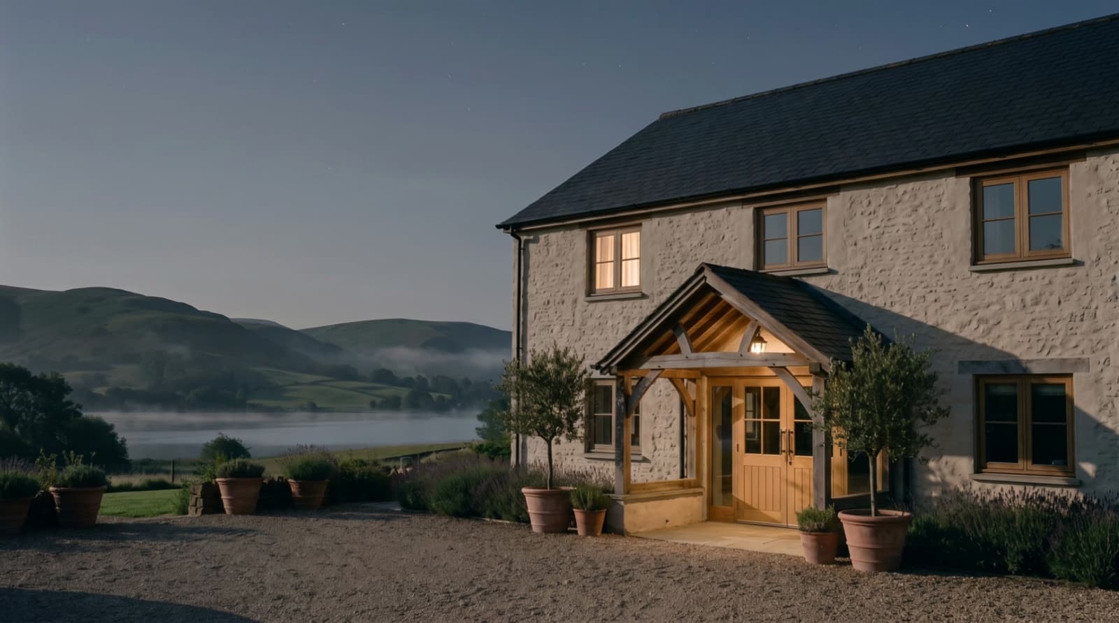 A country hotel late at night with one window lit.